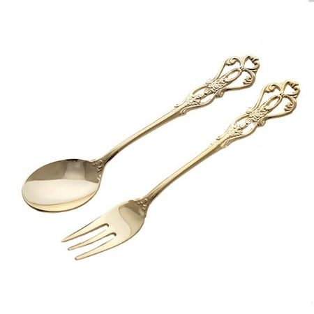 

1 Pair Vintage Gold Spoon Fork Cutlery Set Stainless Steel Luxury Dessert Spoon