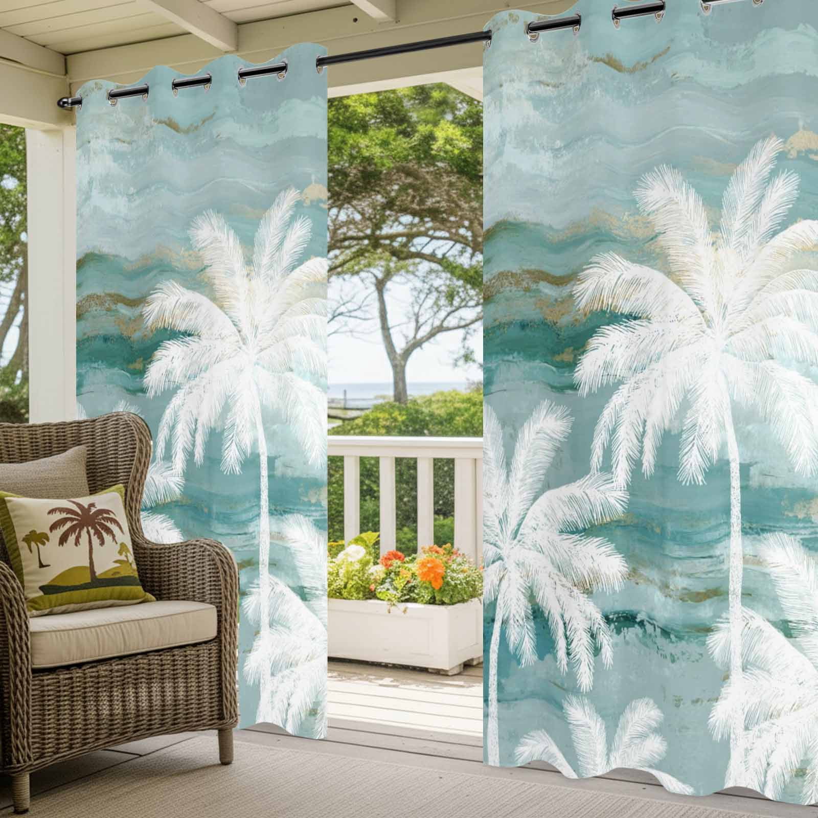 Summer Palm Trees Outdoor Curtains for Patio, Tropical Coastal Rustic Turquoise Abstract Sunshade Privacy Drapes Grommet Waterproof Outside Curtains for Porch/Cabana/Balcony 54"x 108", 1 Panel