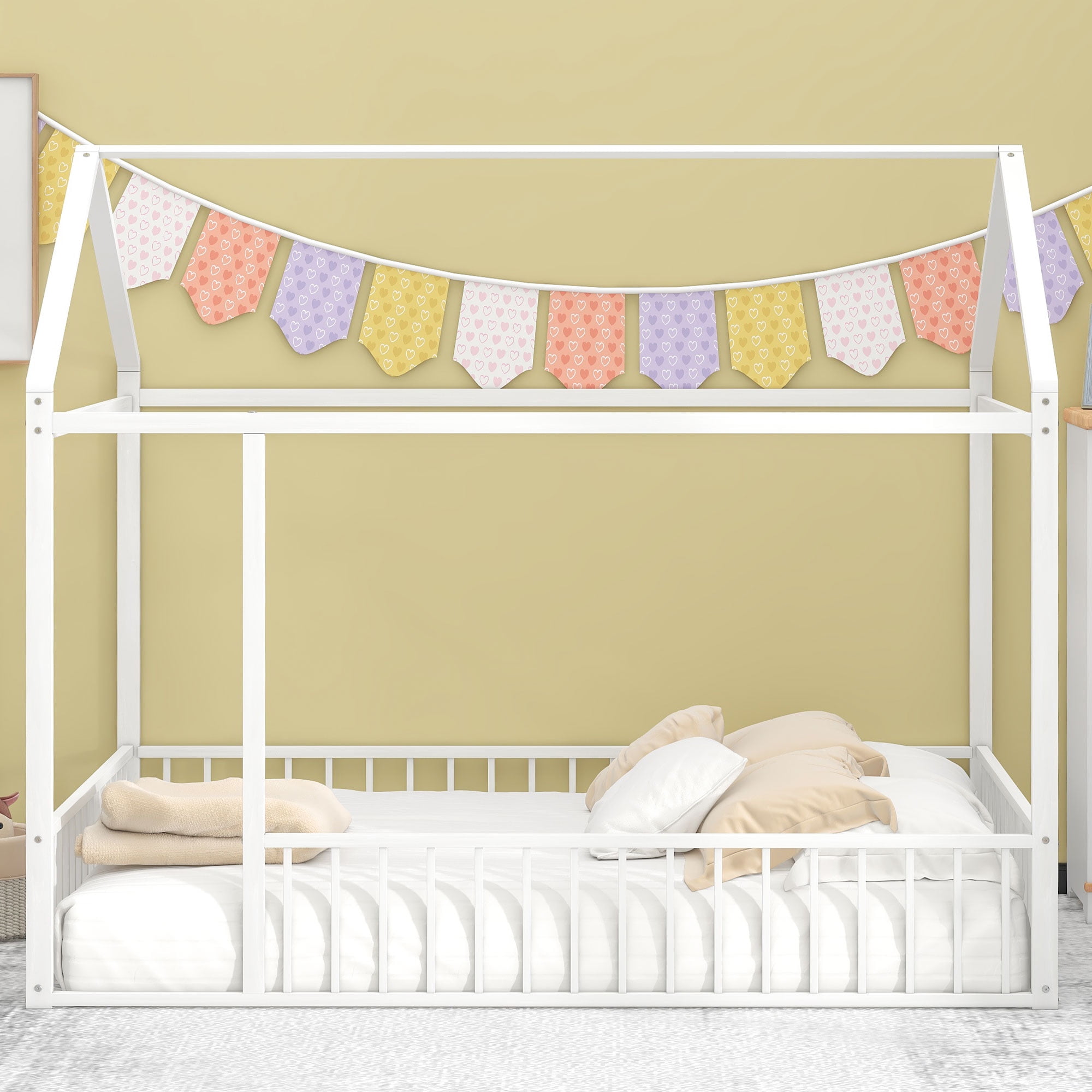 Full Size Metal Bed House Bed Frame with Fence, for Kids, Teens, Girls, Boys,White