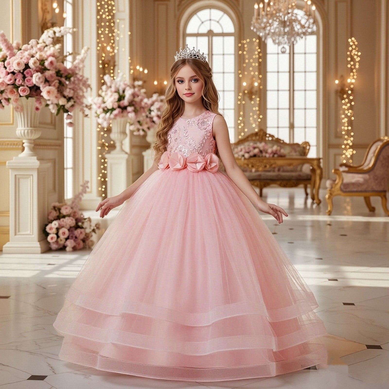 Girls Girl Dress Sleeveless Embroidery Floral Gown for Wedding Birthday Party