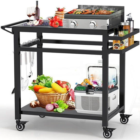 RAXSINYER Movable Grill Table, Double-Shelf Outdoor BBQ Grill Cart, Rolling Kitchen Dining Cart, Black