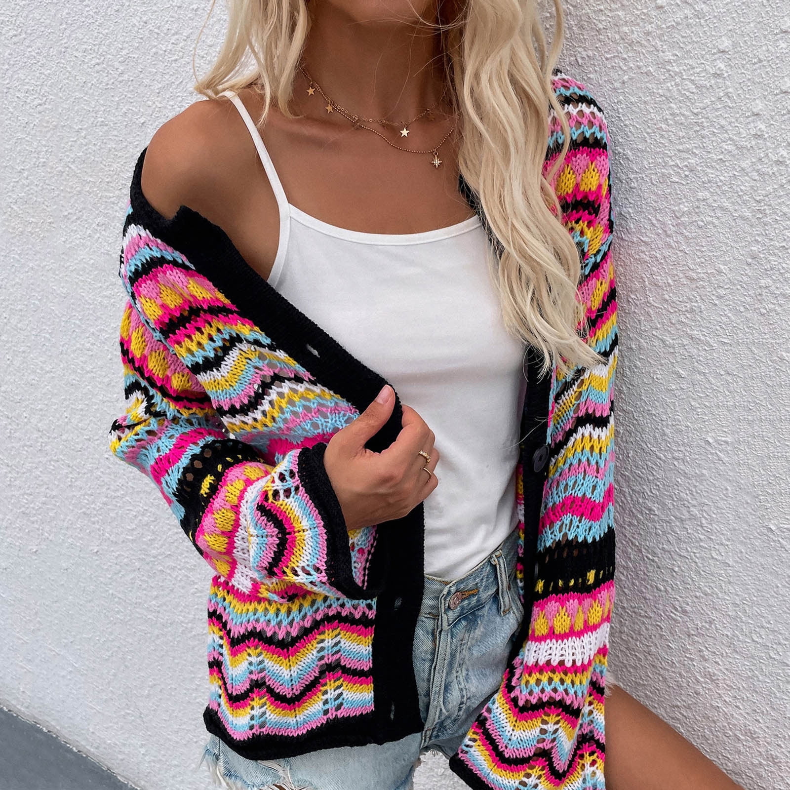 Cropped Cardigans for Women Women'S Striped Sweater Loose Rainbow