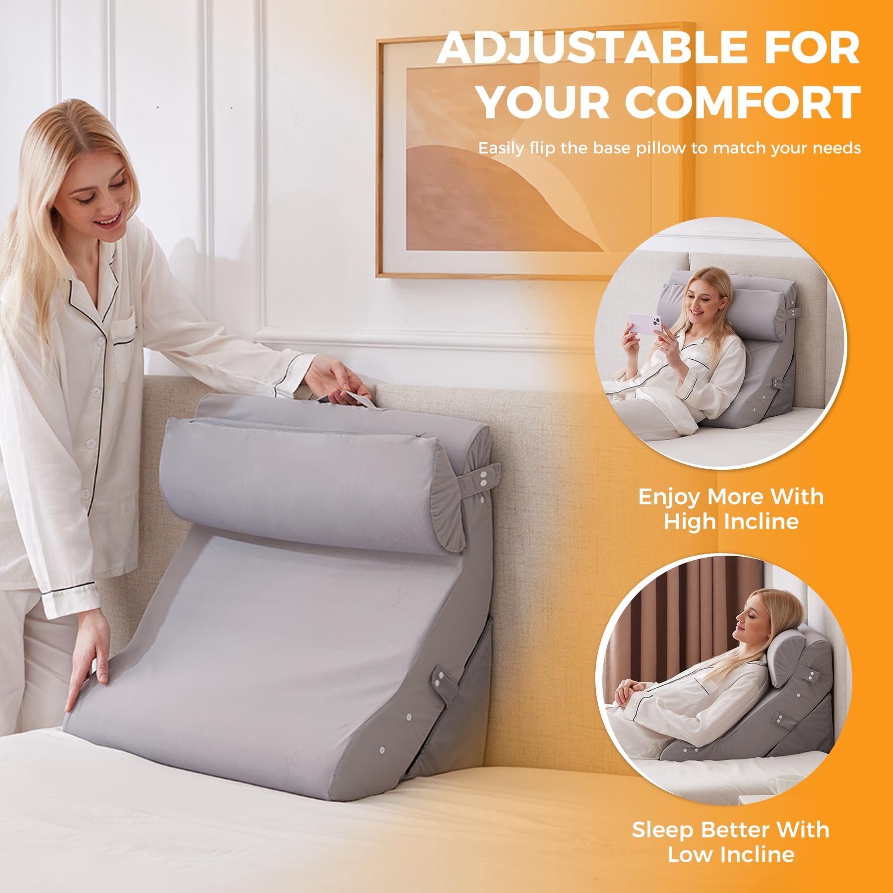 4pcs Wedge Pillow Set For After  Adjustable Bed Sitting Up Acid Reflux Headboard Sleeping&snoring Plush Grey