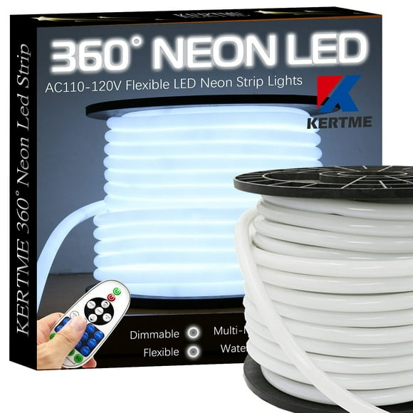 KERTME Bande Lumineuse Led Néon 360° AC 110-120V 360 Degrés, Flexible/imperméable/dimmable/multi-modes + Télécommande pour Décoration Maison/jardin/bâtiment (16,4 Pieds/5m, Blanc 6000K)