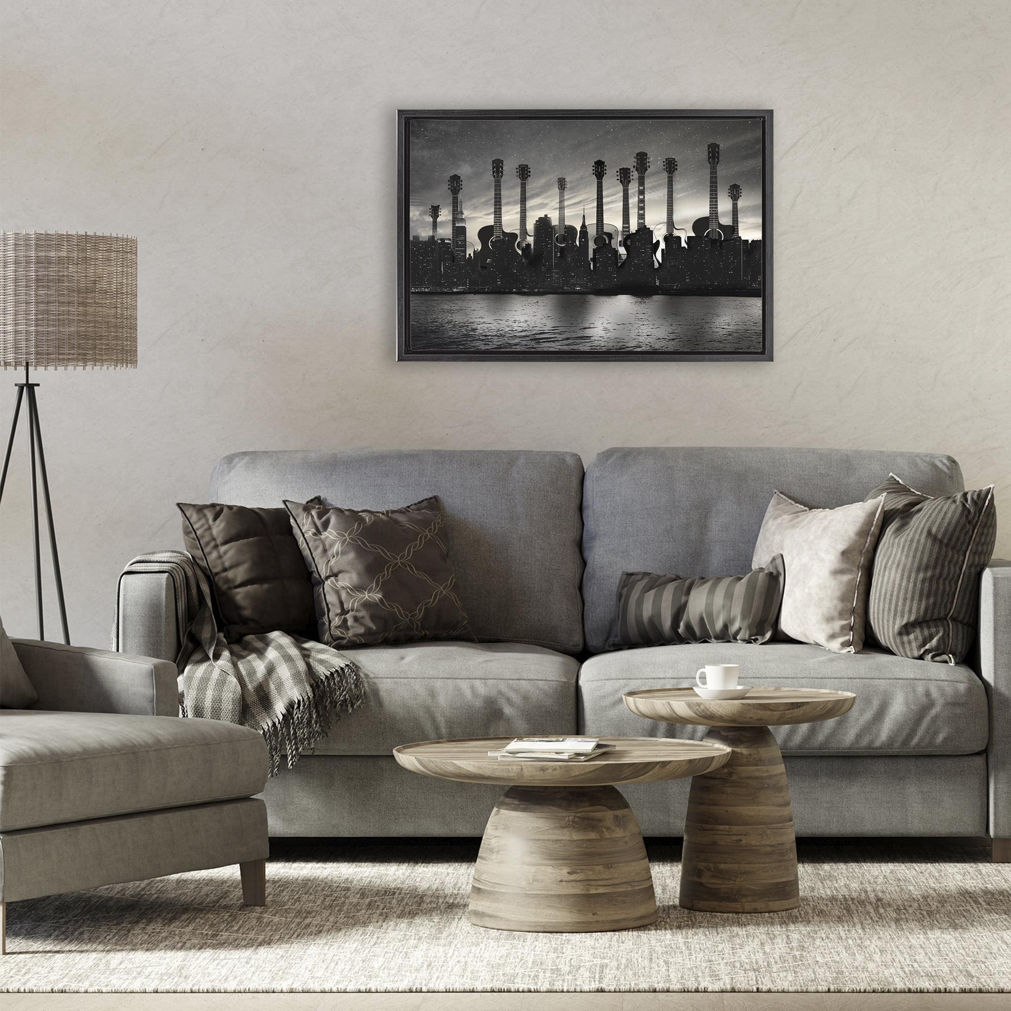 Stupell Industries Guitar Skyline Cityscape Black Framed Floater Canvas Wall Art, design by CAD Designs