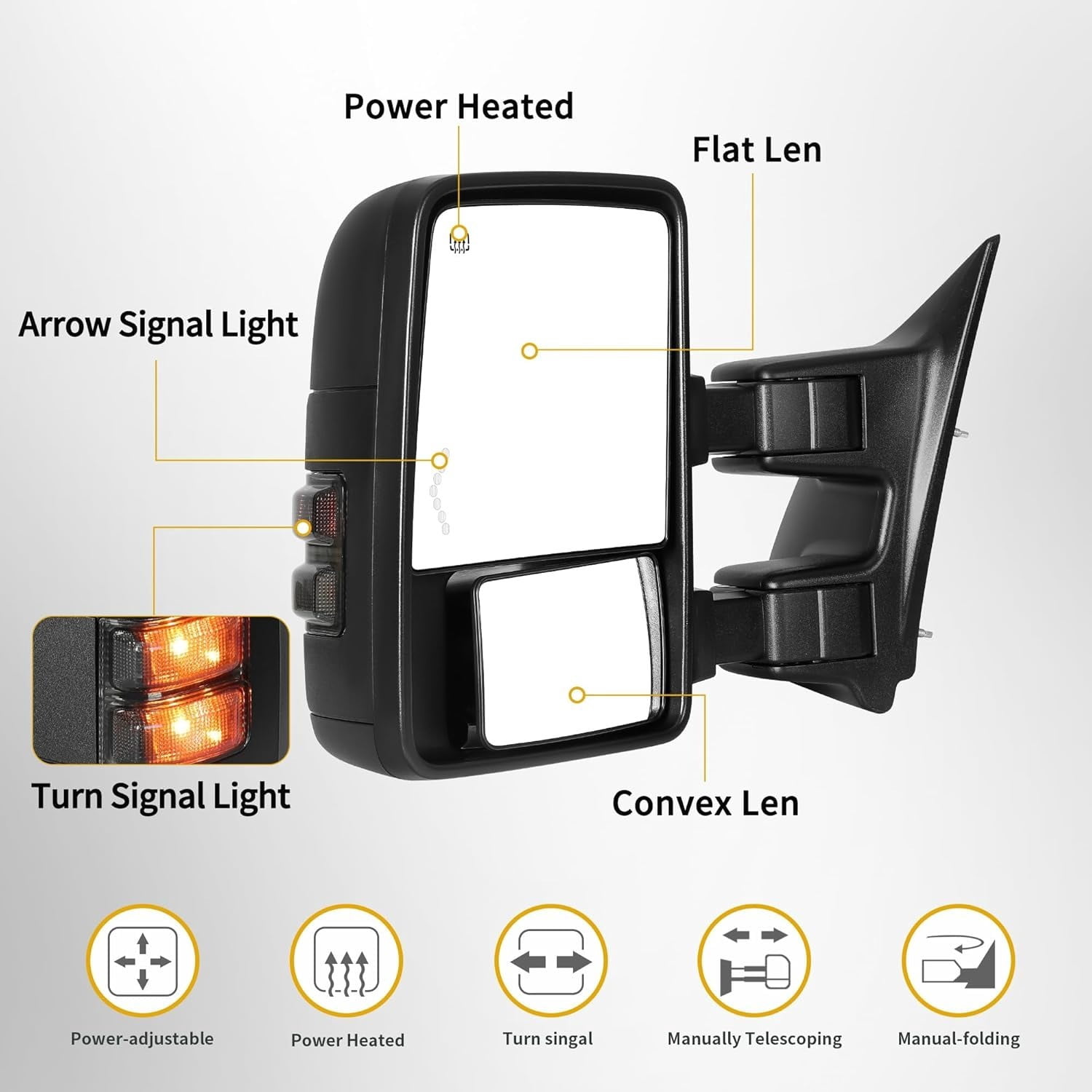 LEDKINGDOMUS Power Heated Telescoping Tow Mirrors for 1999-2016 Ford F250 F350 F450 F550 Super Duty with Foldable Arrow LED Turn Signal & Smoke Lens, Manual Folding