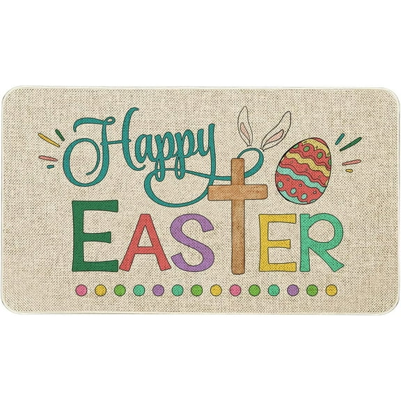 Mloabuc Happy Easter Door Mat Funny Text Indoor mat,Peeps Egg Farmhouse Welcome Mats Holiday Creative Decorative Seasonal Burlap Welcome Floor Rabbit Mat Switch Mat for Outdoor 17 x 30 in