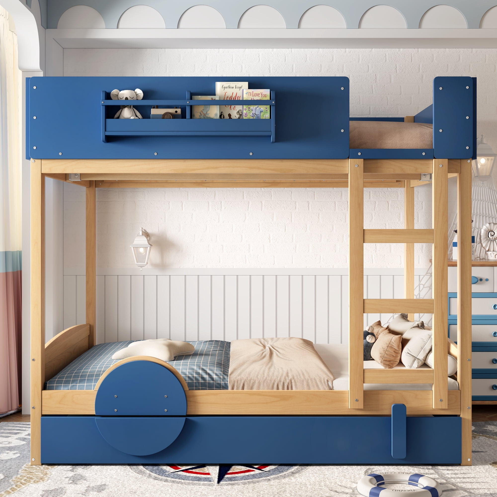 Mintazer Full Over Full Car Themed Bunk Bed with Trundle & Bookshelf, Modern Bunk Bed with Guardrail for Kids, Natural & Blue