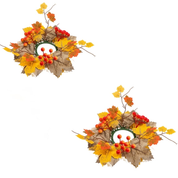 Artificial Maple Leaf and Berry Candle Wreath Set of 2 Warm Fall Tones Lightweight Reusable Plastic Foliage for Thanksgiving Centerpiece Autumn Table Holiday Decor
