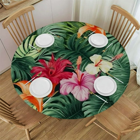 Shiartex Tropical Round Tablecloth, Hawaiian Palm Tree Hibiscus Flowers Plants Tablecloths, Wipeable Waterproof Table Cloth for Family Dinners Patio Outdoor/Outside Events 31-35