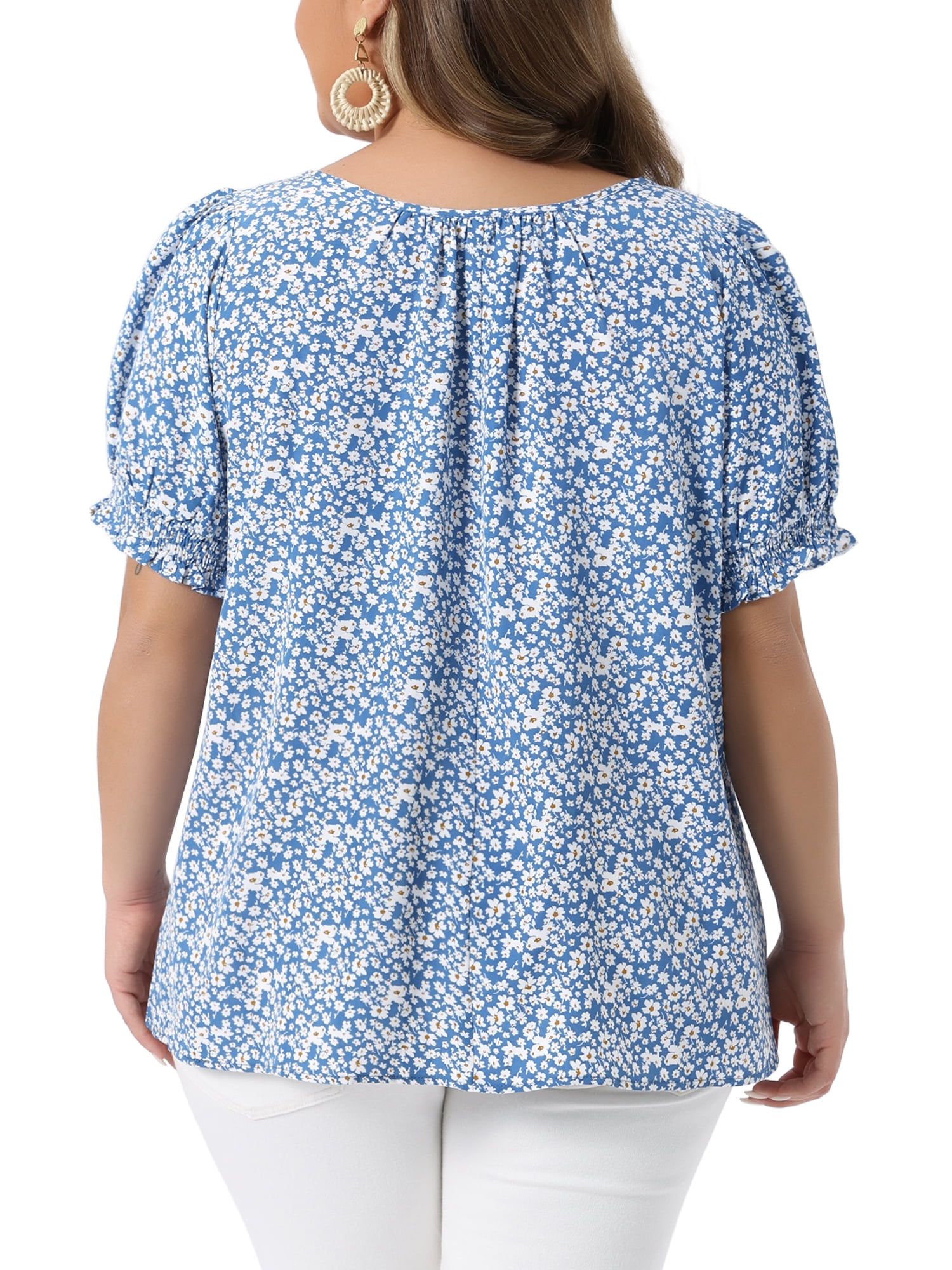 Women's Plus Tops Scoop Neck Notch V Tie Front Short Sleeve Floral Summer Blouses 1X Blue