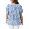 thumbnail image 4 of Women's Plus Tops Scoop Neck Notch V Tie Front Short Sleeve Floral Summer Blouses 1X Blue, 4 of 6