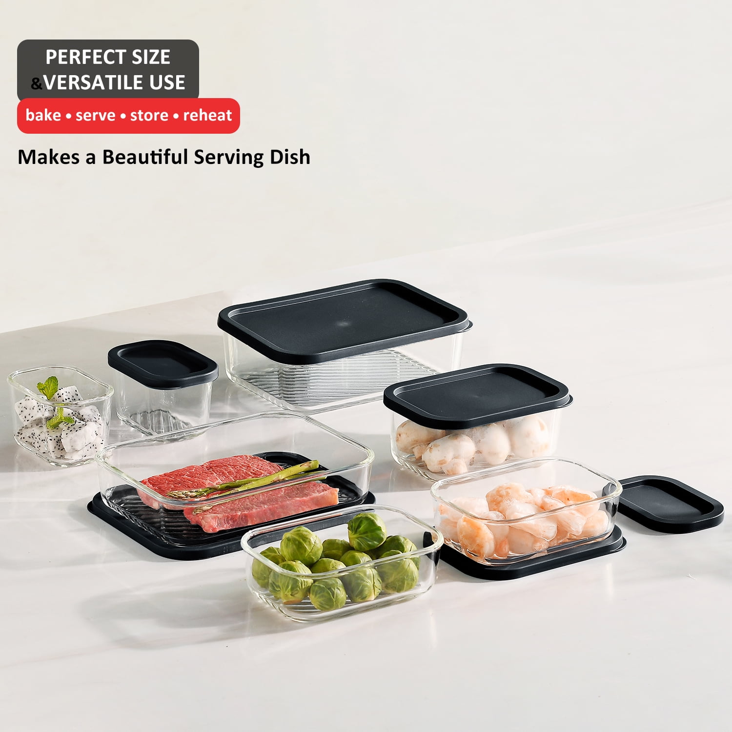 Lamma Loe Glass Storage Containers with Lids, 24 Piece Meal Prep Containers, Oven to Freezer Safe, Stackable, Glass Food Storage Containers, Black