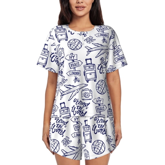 Hirioo World Travel2 for Women's 2 Piece Short-Sleeved Pajama PJ Sets for Women Shorts with Pockets Womens Lounge Set-Small