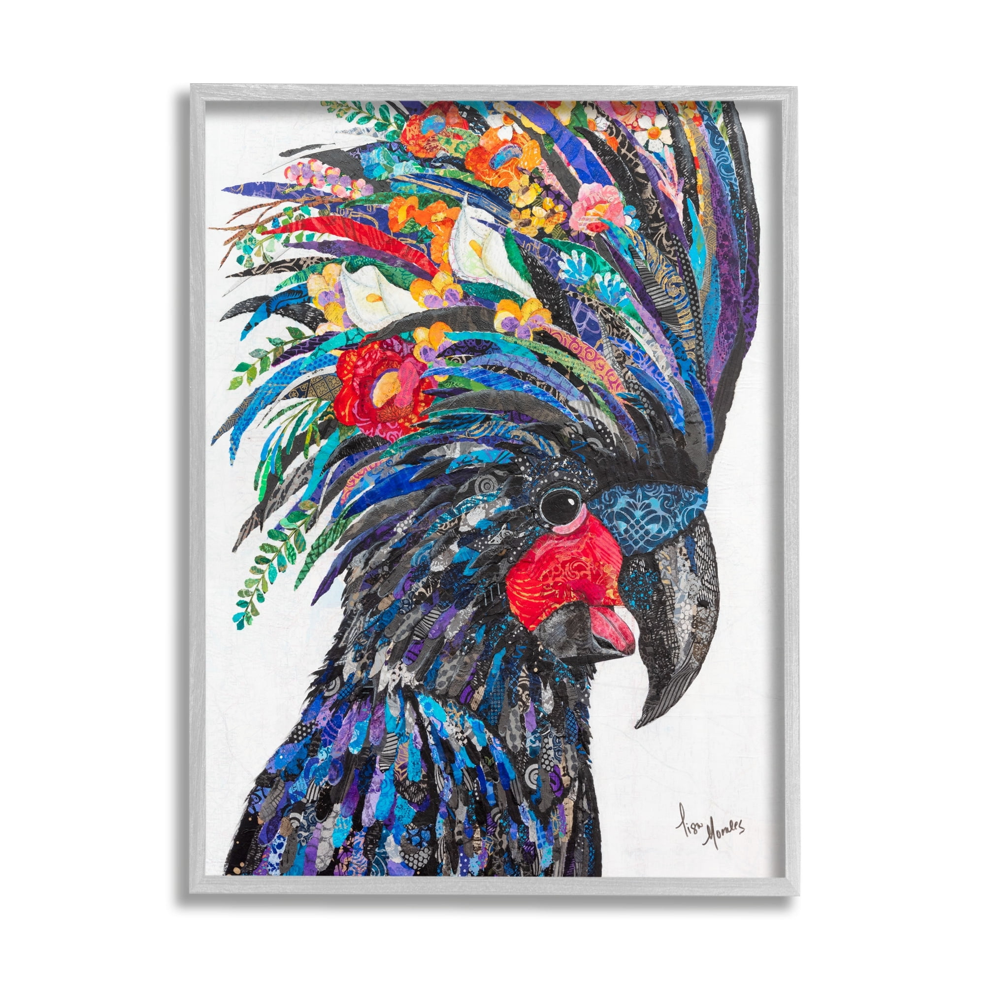 Stupell Industries Black Palm Cockatoo Bird Floral Pattern Collage Painting Gray Framed Art Print Wall Art, Design by Lisa Morales