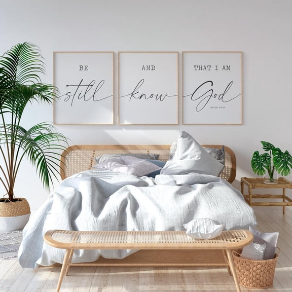 Bible Verse Wall Art Be Still and Know That I am God Sign Christian Farmhouse Decor Set 3 Unframed Paper Print 8x12