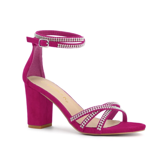 BLISSFUL STEP Women's Shoes Rhinestone Crisscross Strappy Block Heel Faux Suede Ankle Buckle Sandals Hot Pink 8