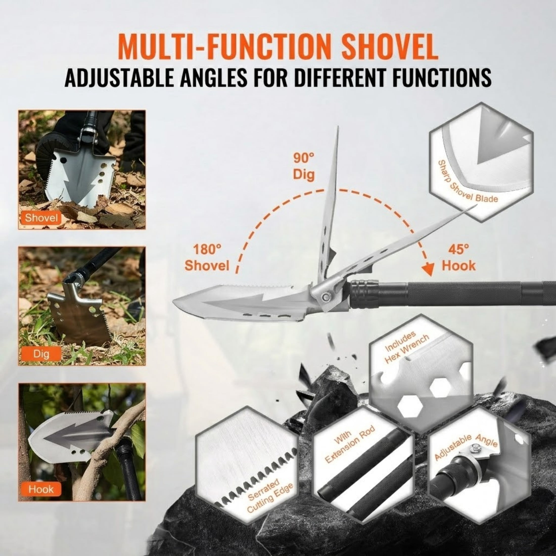 11-in-1 Survival Shovel, Folding Camping Multitool, Military Grade Portable Tactical Shovel for Off-Roading & Hiking