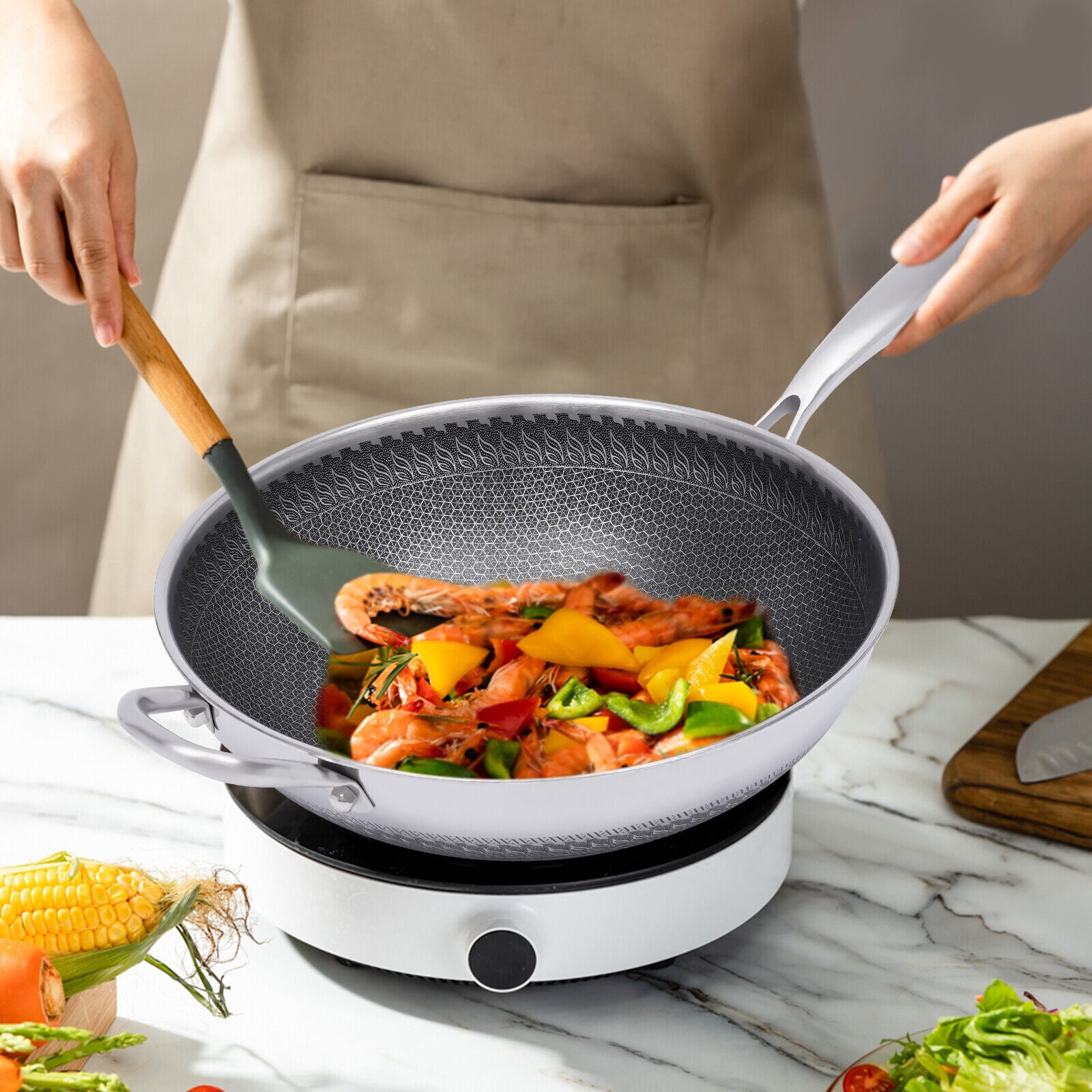 Silver Non Stick Double Sided Honeycomb Cooking Frying Wok Pan with Lid Stainless Steel for Electric Stoves