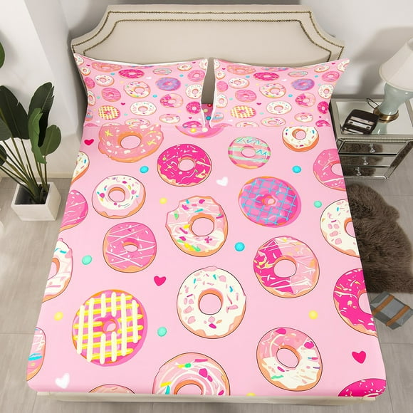Erosebridal Dessert Donut Fitted Sheet Set Full, Cute Cake Bedding Full Size, Cartoon Decorative 3pcs（No Top Sheet）