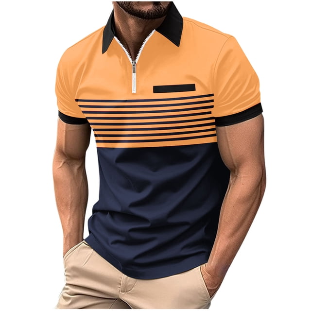 Ceisia Men's Color-Blocked Striped Zip-Up Short Sleeve Polo Shirt Casual Summer Top Orange XXL Gifts