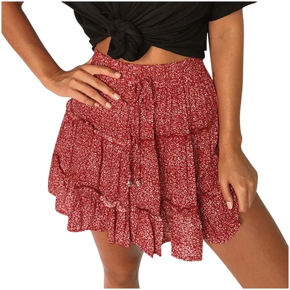 ZZwxWA Skirts Women Floral Print Fashion Fold Pleated Edge A-Line Confortable Summer Vacation Beach Cute Party Elastic Drawstring Flowy Skirt High Waist Skirts Red S