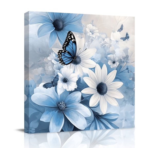 Canvas Wall Art, Blue White Floral Framed Canvas Prints for Bathroom Desk, Elegant Rustic Butterfly Botanical Small Gallery Wrapped Wall Decor for Home Office, Gifts, 8"x8" Ship Next Day
