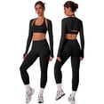 thumbnail image 2 of IDOPIP Workout Sets for Women 3 Piece Long Sleeve Shrug with Seamless Halter Sports Bra High Waist Leggings Gym Yoga Active Outfits M Black, 2 of 8