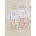 thumbnail image 3 of Baby Toddler Girls Halloween Clothing Set 0 3 6 12 18 Months Letter Print Long Sleeve Romper Pumpkin Print Long Pants Hair Band Outfits, 3 of 9