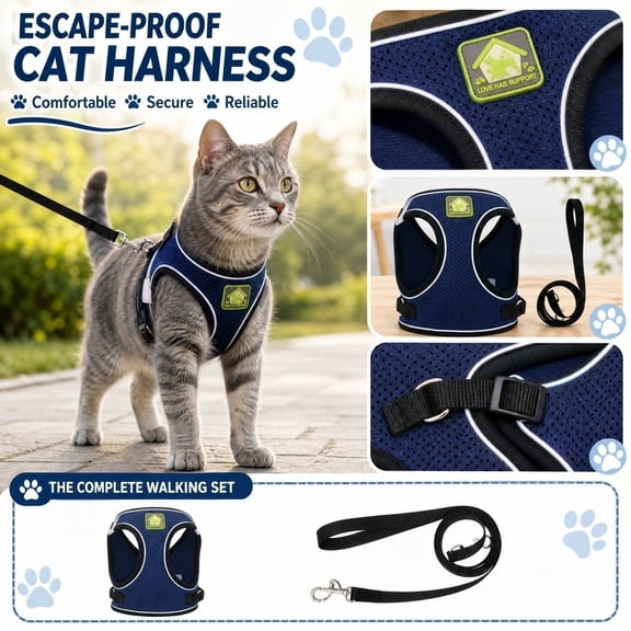 Cat Harness and Leash Set Escape Proof Navy Xl Adjustable Vest Harness for Walking Outdoor Travel Pet Supplies for Cats and Kittens