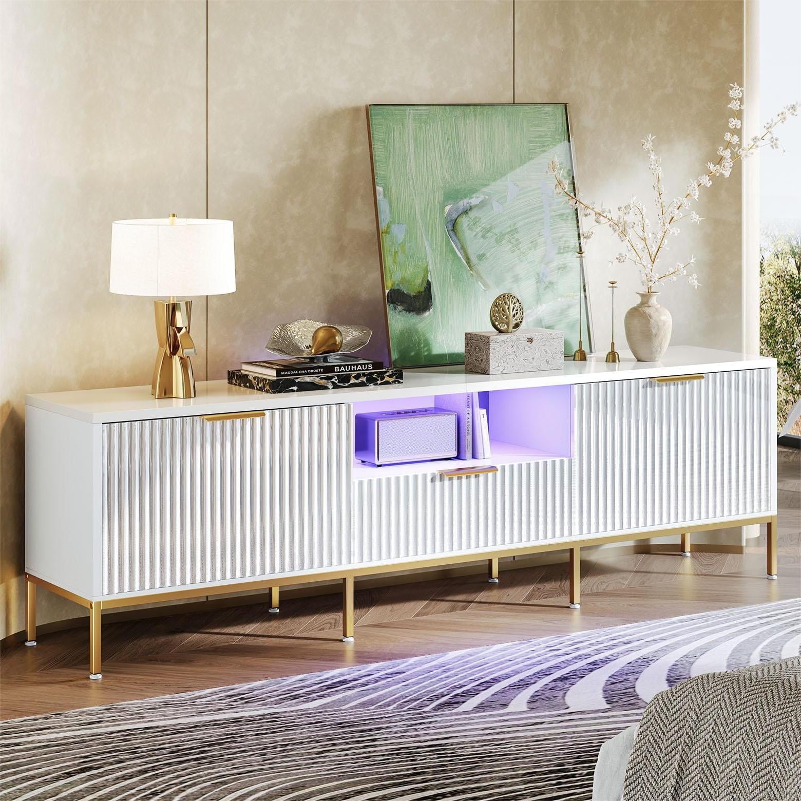 Bestier 70 inch LED TV Stand Modern High Gloss Fluted TV Cabinet Entertainment Center with Drawers for TVs up tp 75 inch, White & Gold