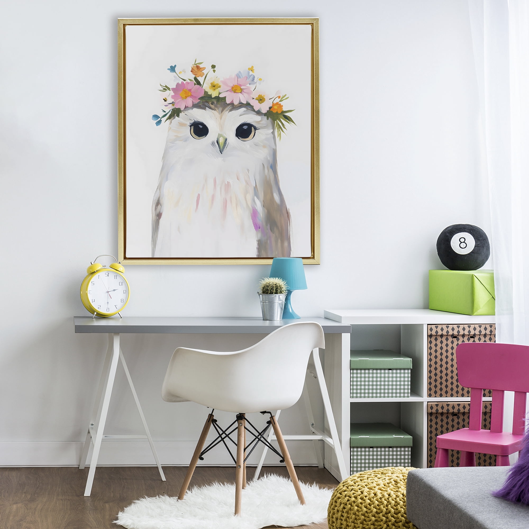 Stupell Industries Flower Crown Owl Gold Framed Floater Canvas Wall Art, design by The Prints Vibe