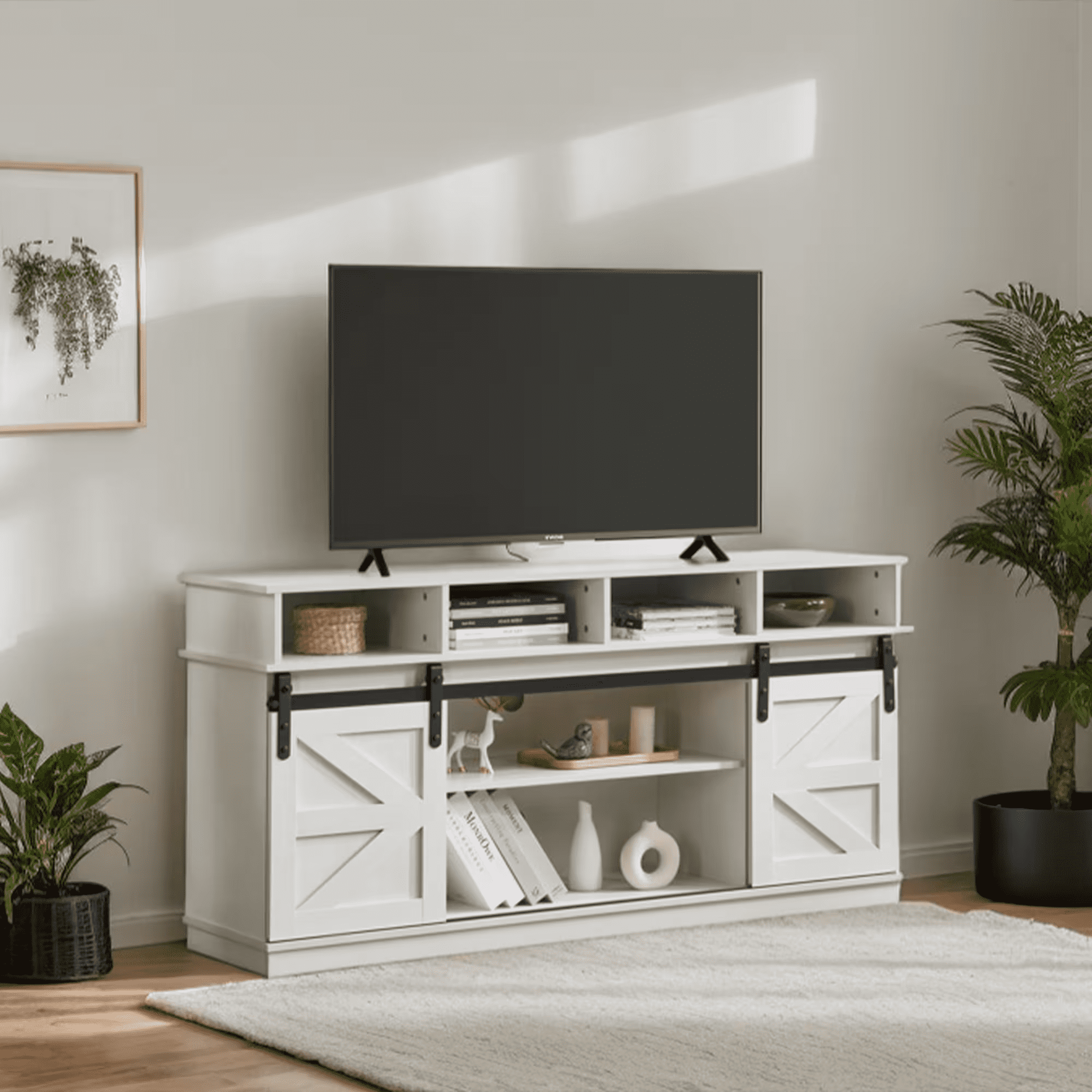 Aukfa Farmhouse Sliding Barn Door TV Stand for TVs Up to 65",Storage Cabinet Table,White