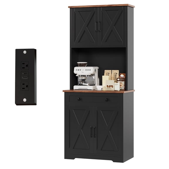 71" Tall Freestanding Pantry Cabinet – Farmhouse Kitchen Hutch with Charging Station, Microwave Stand, Drawer & Cabinet Doors – Dining & Living Room