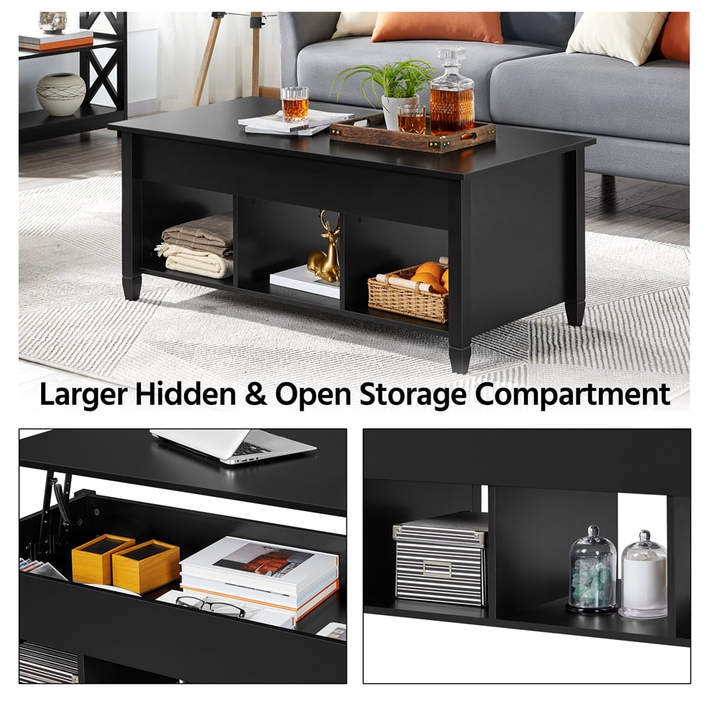 Alden Design 47.5 inch Wooden Lift Top Coffee Table with 3 Storage Compartments, Black