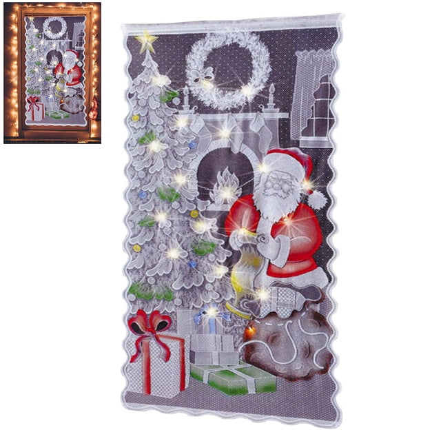 Cortinas navideñas de encaje con luces LED de Papá Noel para una decoración acogedora de sala de estar y dormitorio con diseño de media apagón