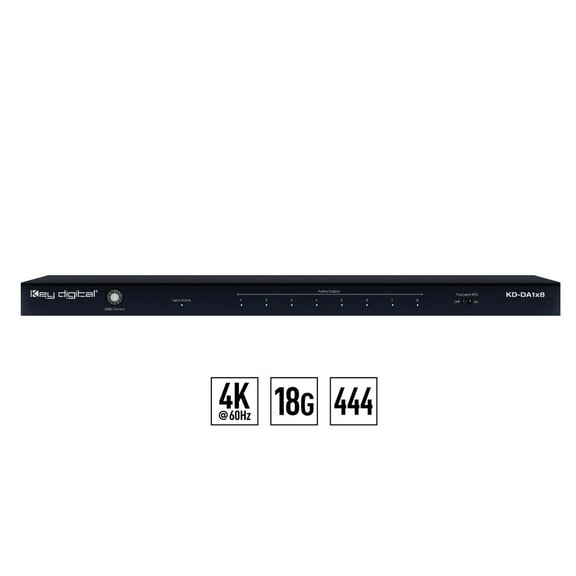 Key Digital 8 Output HDMI Splitter Distribution Amplifier KD-DA1x8 - 10.75” x 4.01” x 0.67” Slim Chassis 4K Resolution, black