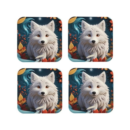 

Tebeau White Wolf With Flowers Print Set of 4 Leather Drink Coasters Round Cup Mat Pad for Home and Kitchen Use 4 -Square