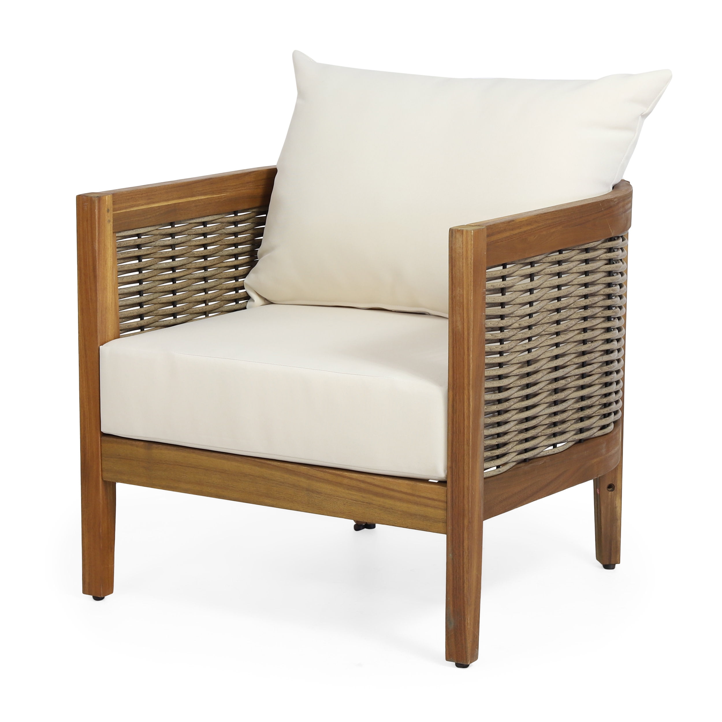 Rattler Acacia Wood and Wicker Outdoor Club Chair with Cushions, Teak