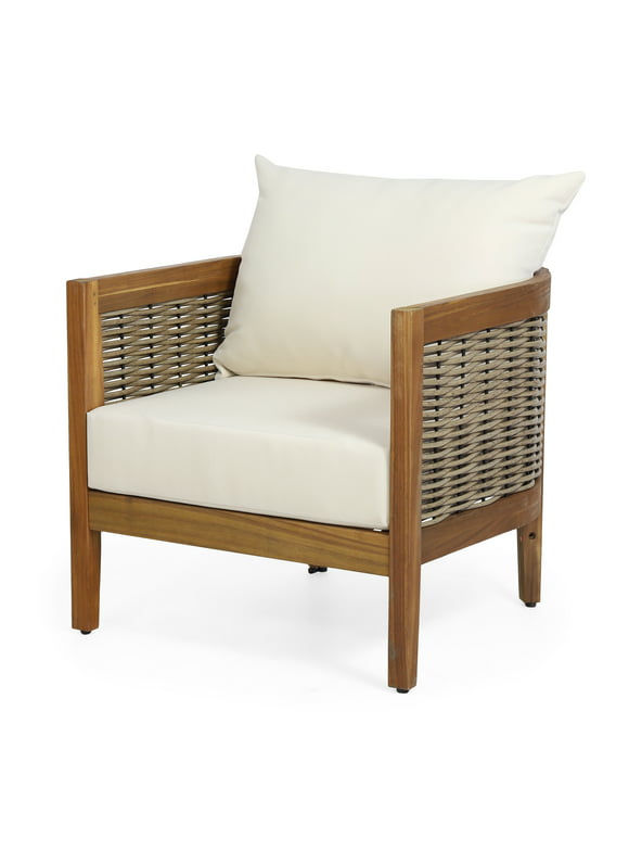 Rattler Acacia Wood and Wicker Outdoor Club Chair with Cushions, Teak, Mixed Brown, and Beige