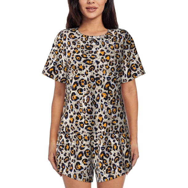 Fotbe Leopard Conjunto de Pijama Estampado para Mujer, 2 Piezas, Ropa de Dormir con Camiseta de Manga Corta y Shorts Suaves-Small