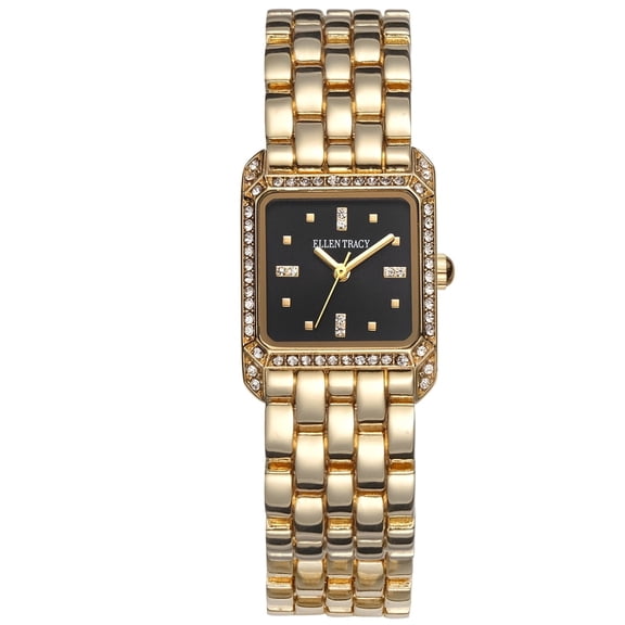 ELLEN TRACY Women’s Gold Bracelet Watch – Black Square Dial with Faceted Crystals