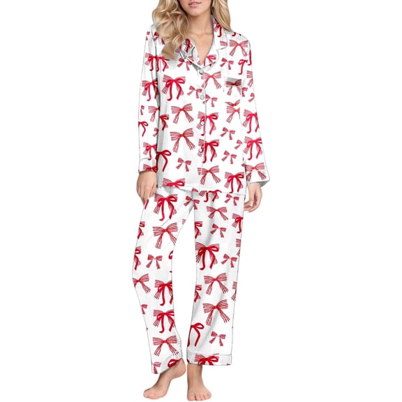 Women Valentine's Day Pajama Set Bow Tie Printed Long Sleeve Button Down Shirt Pants Feather Trim Pjs Sleepwear Sets Womens Pjs Sets Red XL