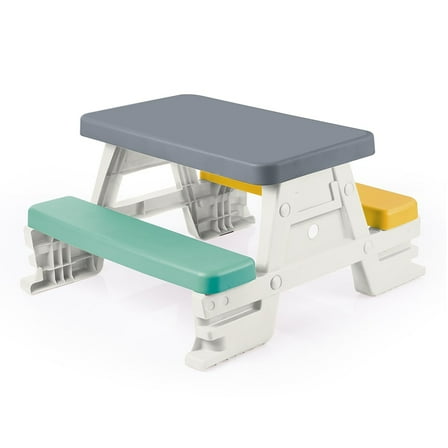 Dolu: Picnic Table for 4: White, Green, Yellow - Indoor/Outdoor, Bench Seating, Durable Waterproof Plastic Toy, 30.3 x 28 x 17", Toddler Kids Age 2 