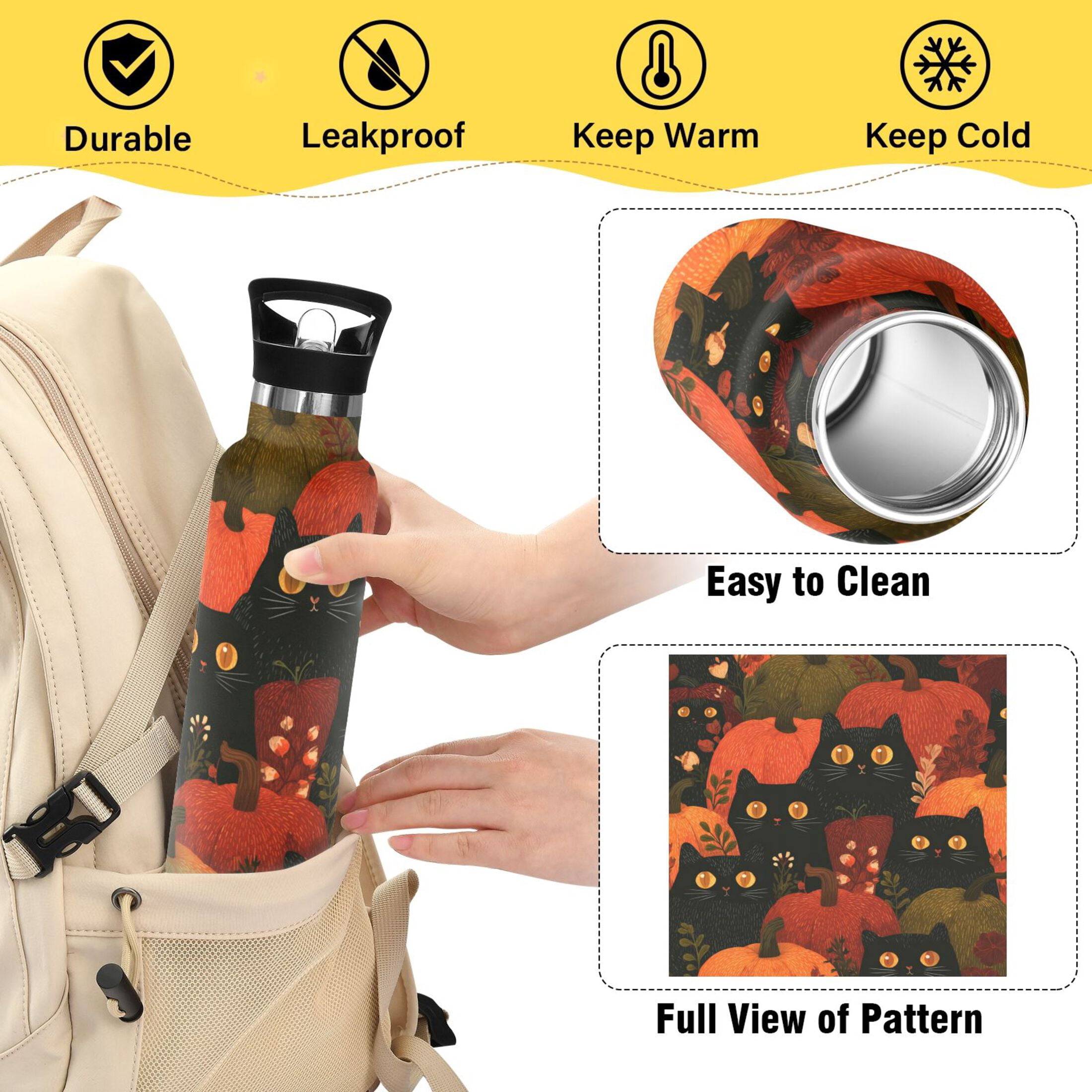 Kids Insulated Stainless Steel Sports Water Bottle 600ml (20oz) Black Cat Surrounded by Pumpkins