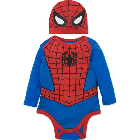 Marvel Spiderman Baby Boys' Costume Long Sleeve Bodysuit and Cap Set Blue, 3-6 Months