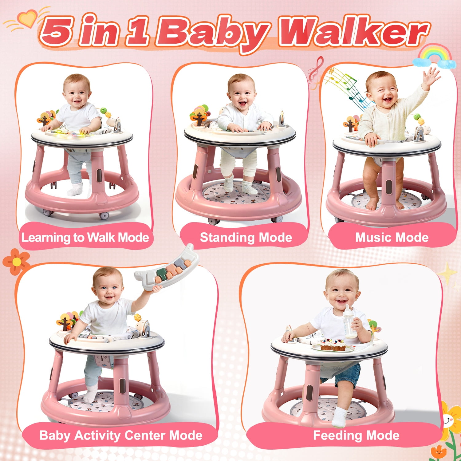 WonderStone 3 in 1 Baby Walker, Push Walker with 360° Swivel Seat, Music & Light Toys, Baby Bouncer, Baby Activity Center for Boy Girl 6-18 Months (Pink)
