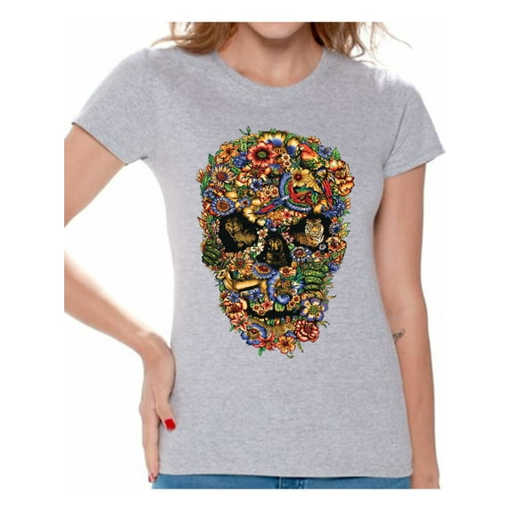 Awkward Styles Fauna Skull Tshirt for Women Floral Skull Shirt Sugar Skull Shirts for Women Dia de los Muertos Gifts for Her Day of the Dead T Shirt Sugar Skull Flowers T-Shirt for Women Skull Gifts