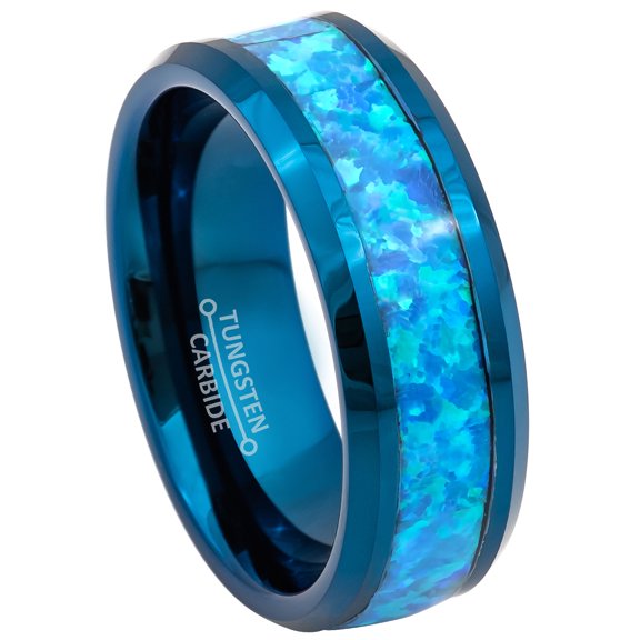8mm Men’s Blue Tungsten Wedding Band - Synthetic Blue Green Opal Inlay Beveled Edge - TN890WAs10