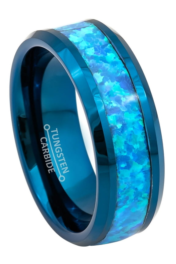 8mm Mens Blue Tungsten Wedding Band - Synthetic Blue Green Opal Inlay Beveled Edge - TN890WAs9